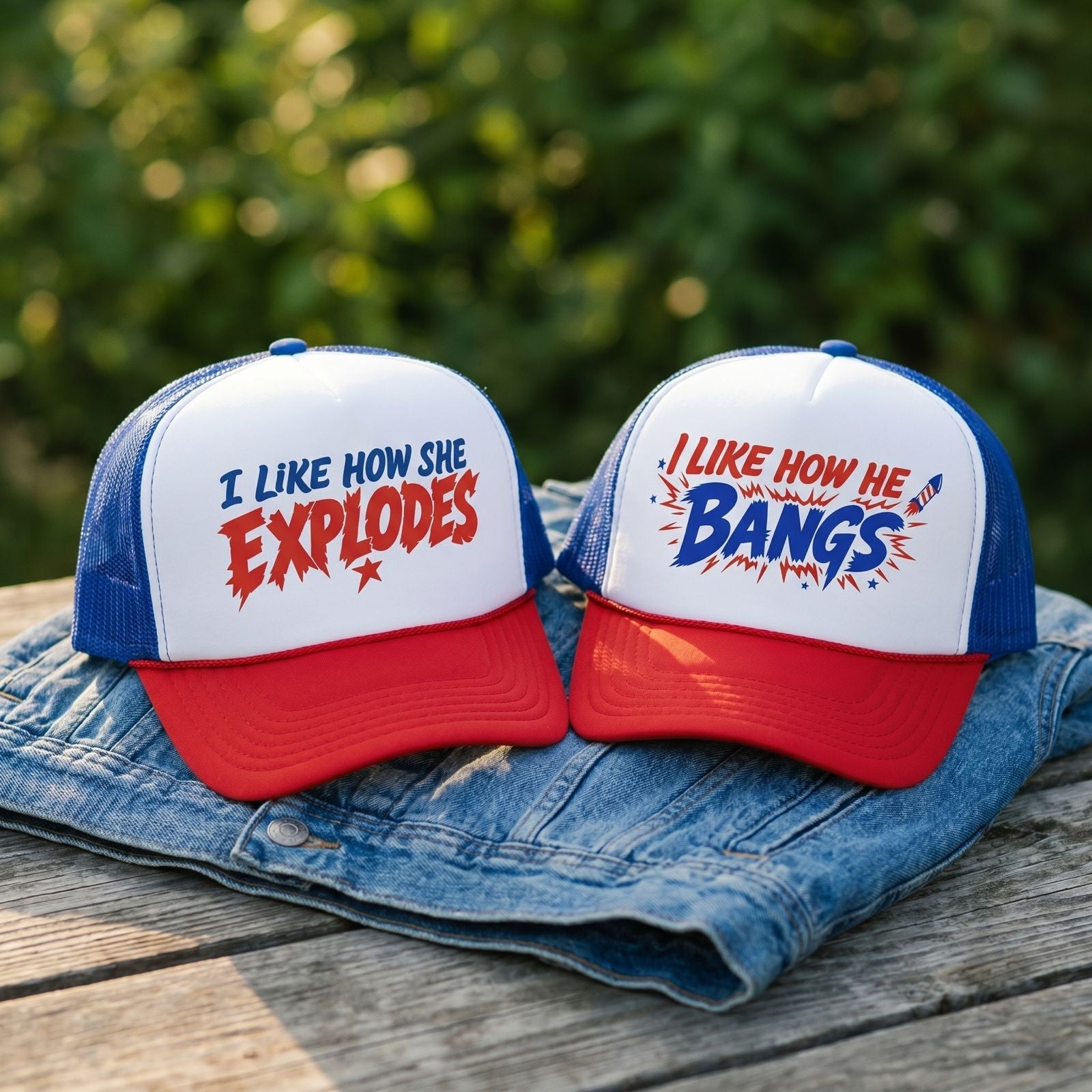 He Bangs She Explodes patriotic trucker hats styled on denim