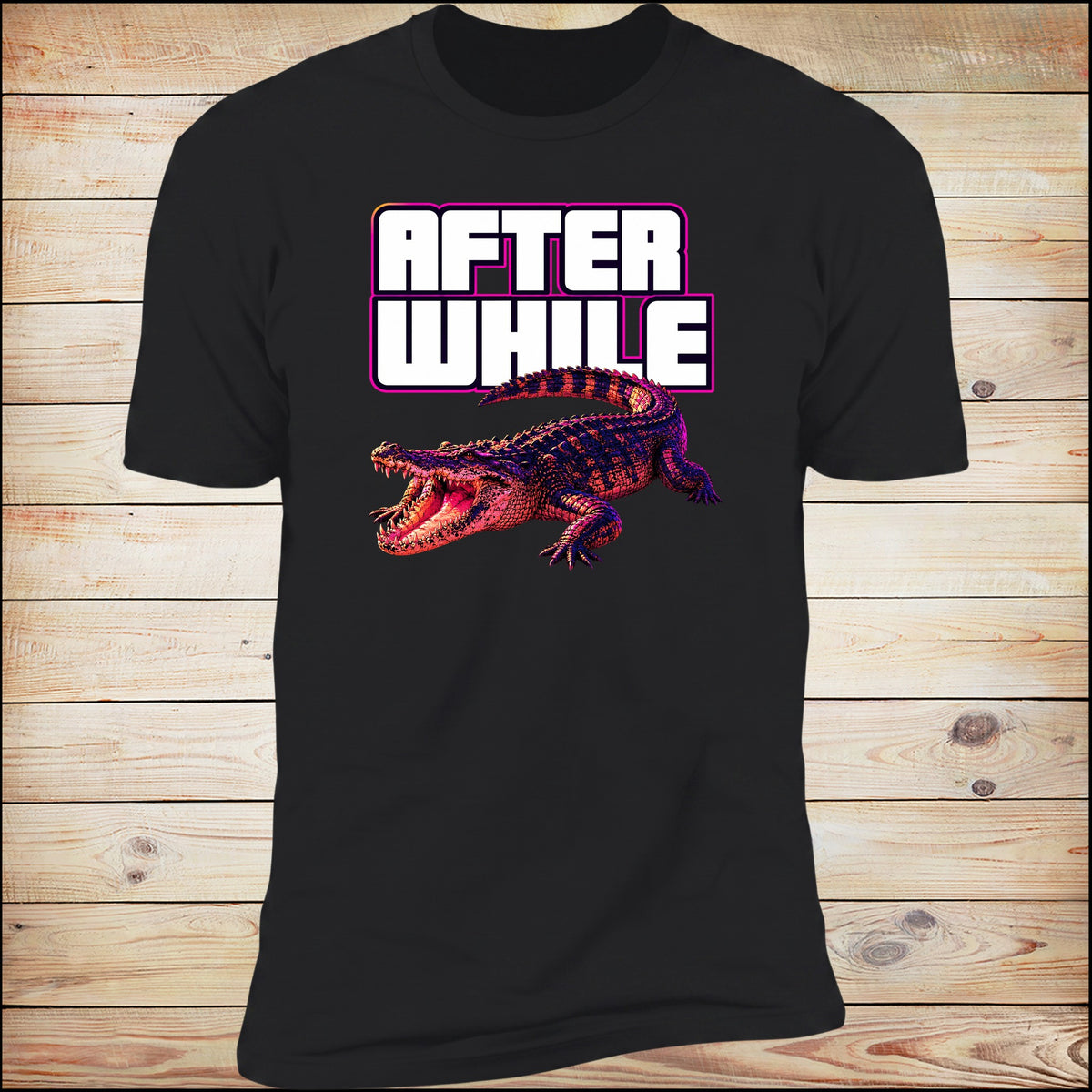 After While neon crocodile tee on black, wood background