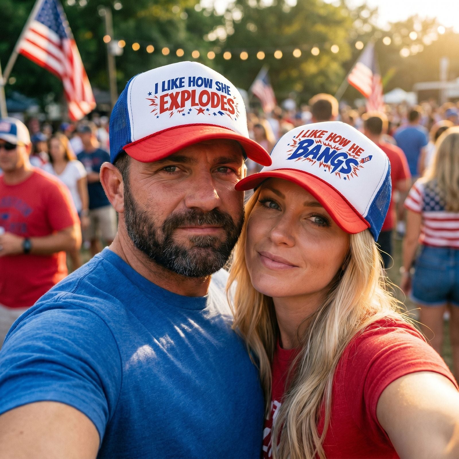Couple wearing matching He Bangs and She Explodes 4th of July caps - set