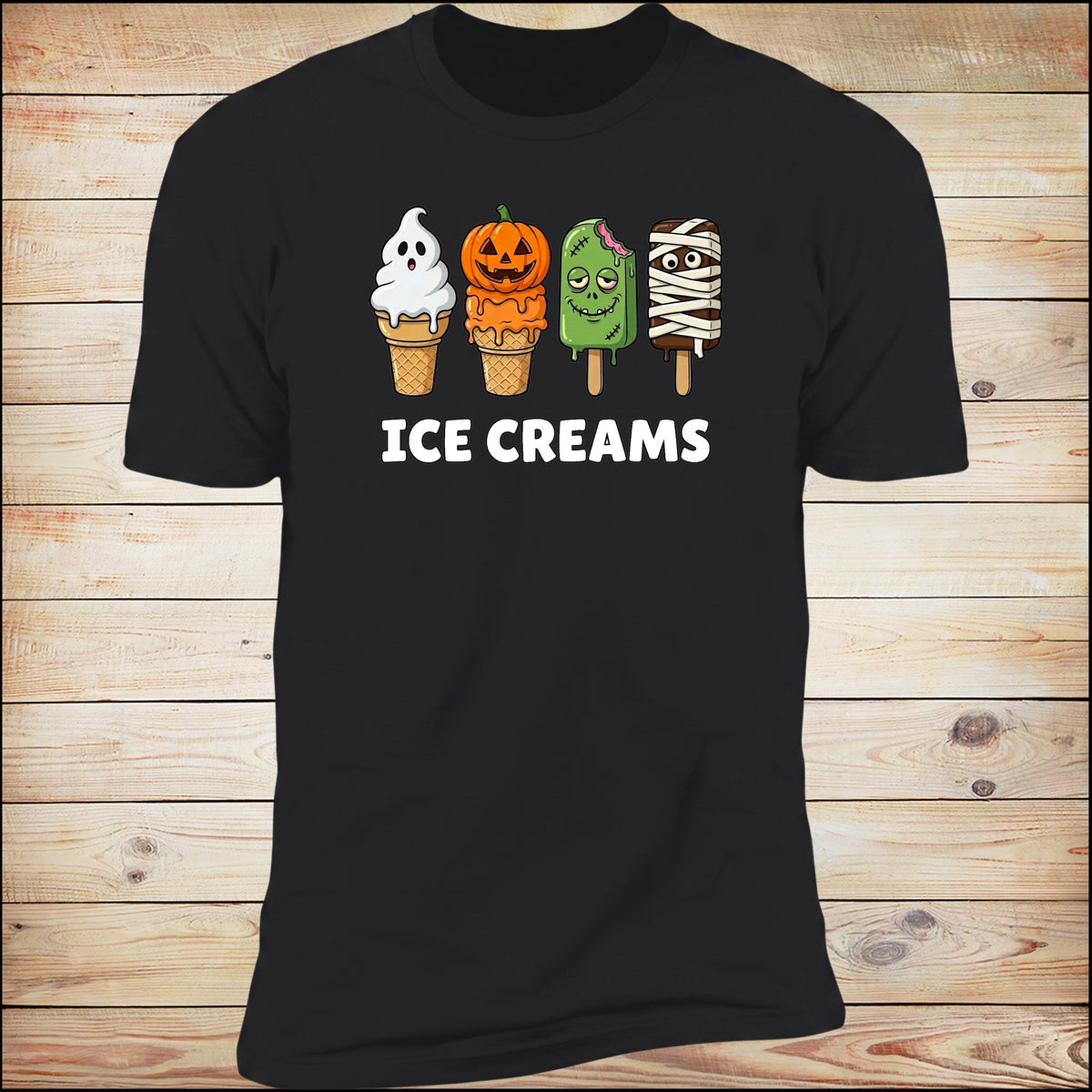 Ice Creams tee in Black on wood