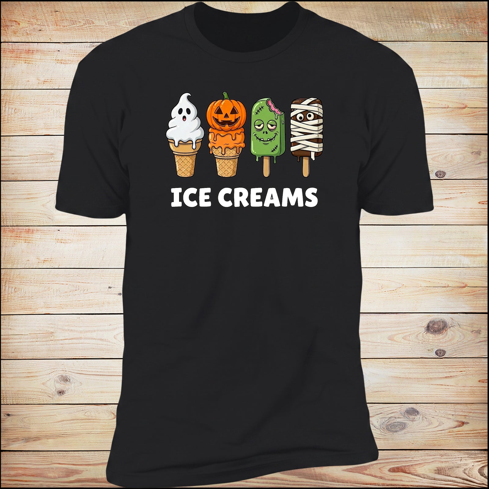 Ice Creams tee in Black on wood