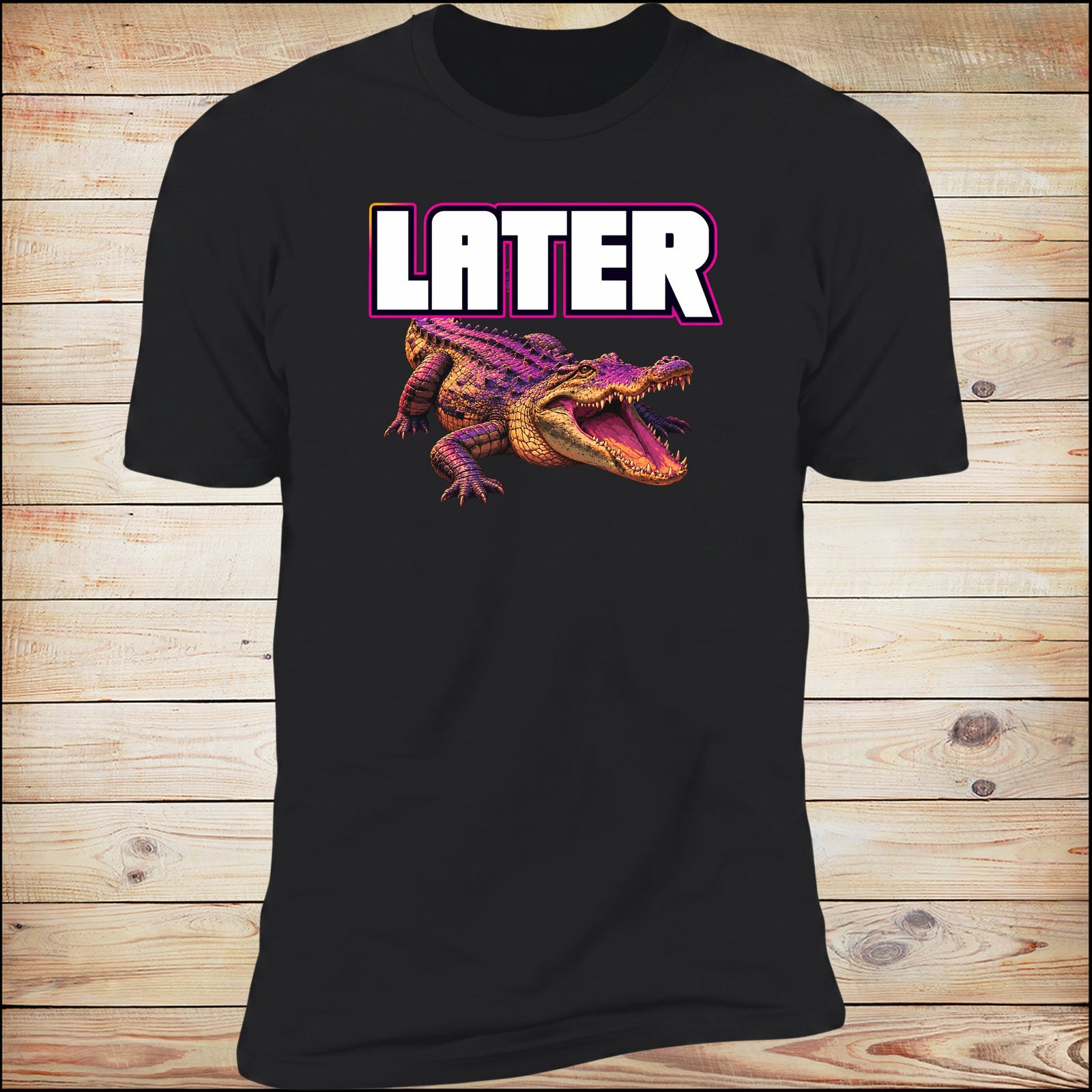 Later alligator tee on black, wood background