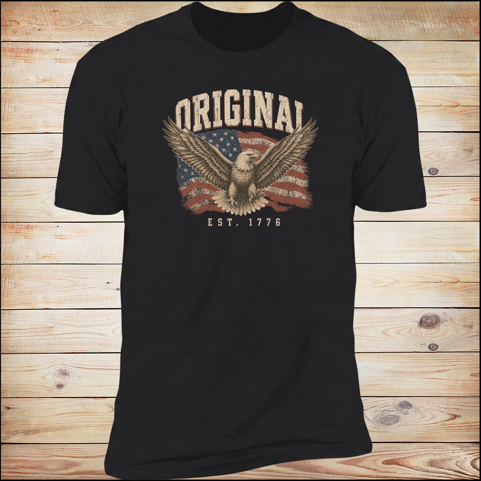 Original eagle tee on black, wood background